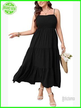 Plus Size Maxi Dress Sleeveless Spaghetti Strap Smocked Tiered Boho Beach Sun